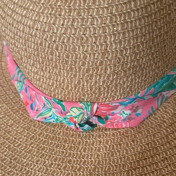 NWOT Lilly Pulitzer Tan Straw Hat Pink Floral Band GWP Journey to the Jungle - Picture 5 of 8